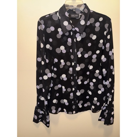 New York & Company Tops - New York Company Women's Sheer Shirt Black Gray Poly Polka Dot Long Sleeve Large